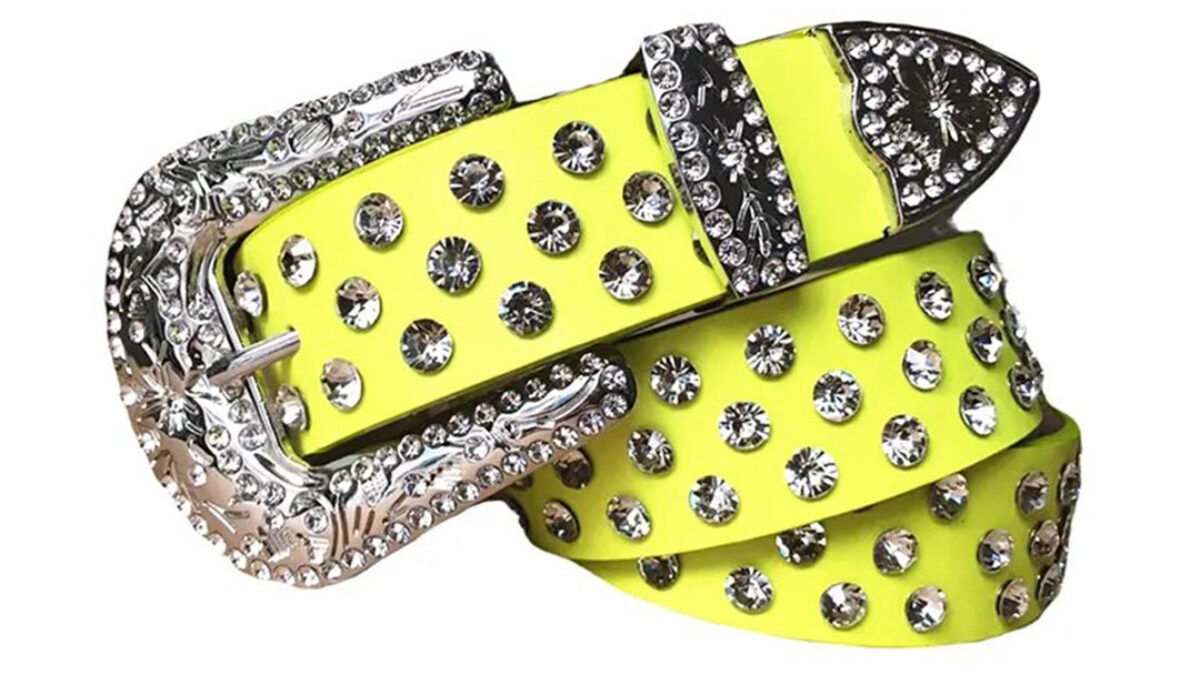 150. Yellow Rhinestone Embellished Leather Belt Namzi Rhinestone Belt for Men Women, Western Cowboy Cowgirl  main image 2