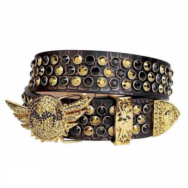 AngelWingsBuckleRhinestonesLeatherBeltBlackWithGoldAndBlackStones