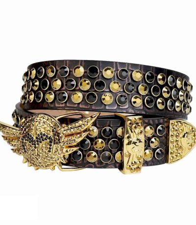 AngelWingsBuckleRhinestonesLeatherBeltBlackWithGoldAndBlackStones
